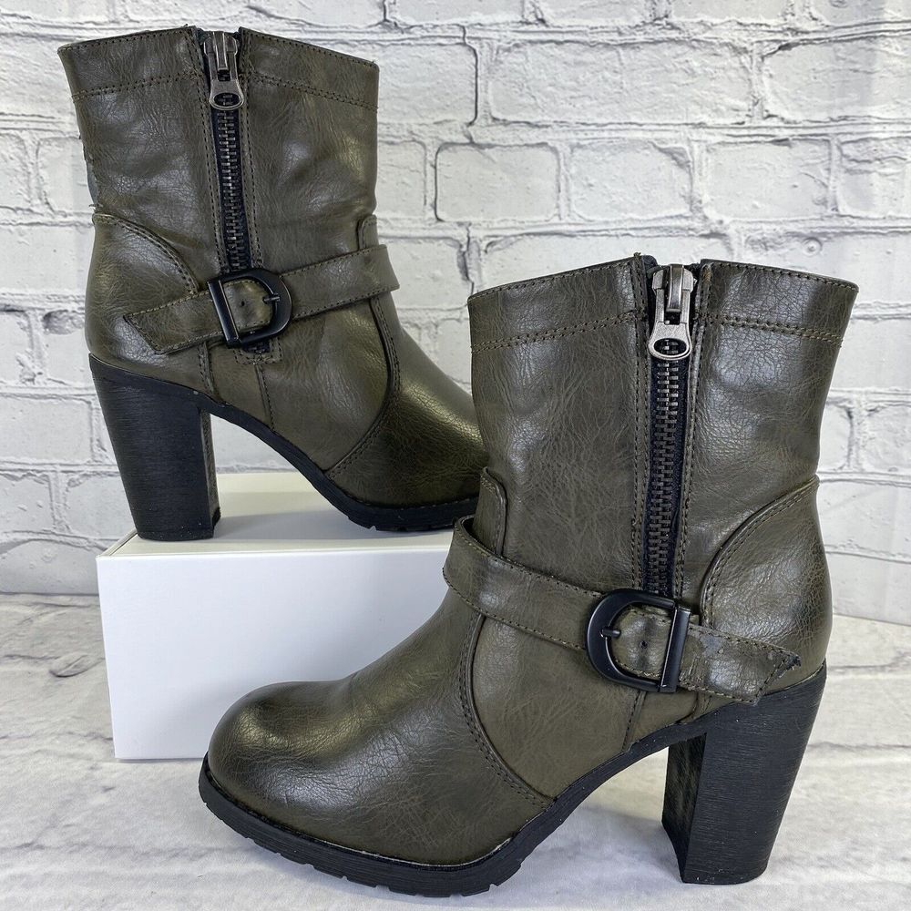 Modern Rebel Womens Colomba Heeled Boots‎ Olive Size 8.5 Ankle Biker Boot Zip